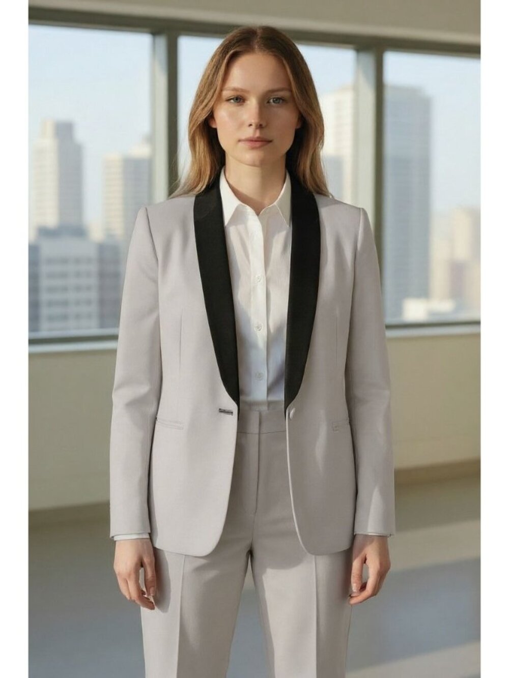 H&M Womens Size 4 Beige Blazer Jacket Black Satin Lapel Double-Breasted Classic